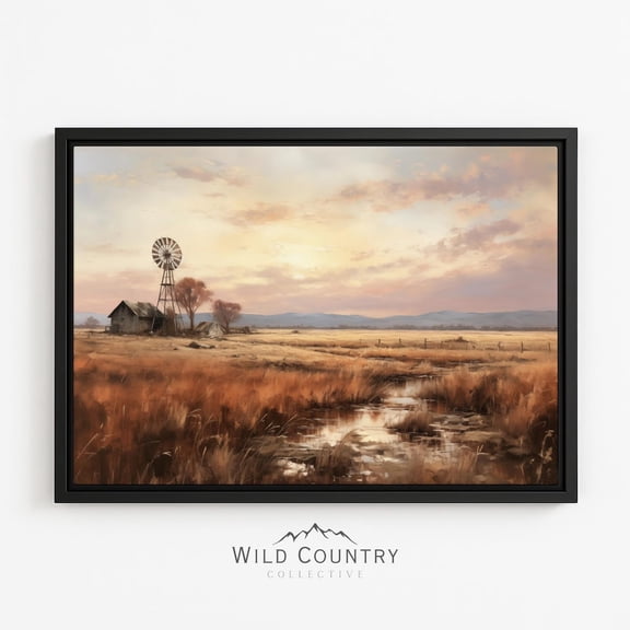 Windmill Print Western Prairie Sunset Ranch House Farmhouse Bedroom Amber Grass Scene Unframed Paper Print