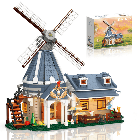 Windmill Ranch Block Building Set with LED Lights – 1742PCS European Farmhouse Model Kit for Adults, Cozy Night Scene Display & Collectible Decor