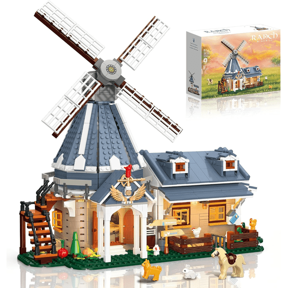 Windmill Ranch Farm Building Set with LED Lights, Rotatable Windmill & Cute Animal Figures, 1742PCS Farmhouse Model Kit Ideal Gift for Adults