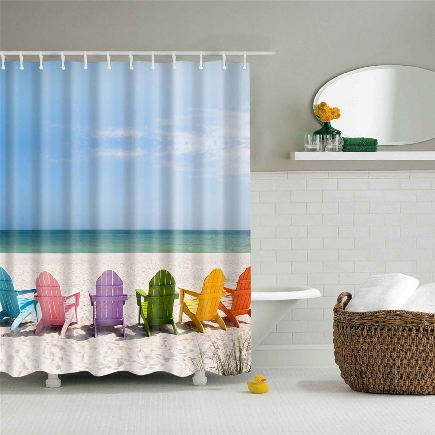 Windmill Seaside Scenery Shell Beach Scenic Bathroom Shower Curtain Frabic Waterproof Polyester