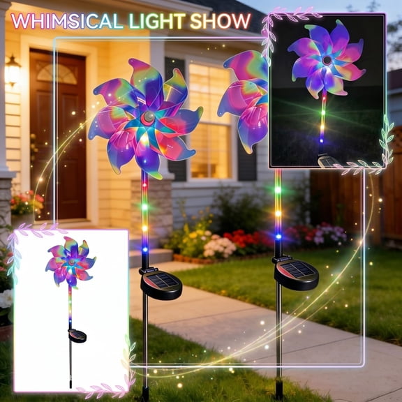 Windmill Shaped Solar LED Light, Rotating Wind Spinner Lamp for Garden Path Lawn Yard Decor(Warm light)