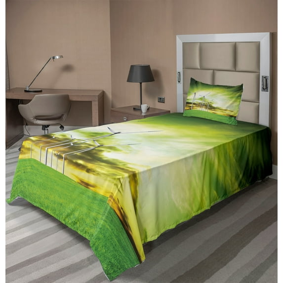 Windmill Sheet Set, Digitally Generated Photo of Wing Turbines on Grass with Greeen Tone Sky, Fitted and Flat Sheet with Pillowcase Bedding Accent 3 Piece Set, Twin XL, Lime Green White, by Ambesonne