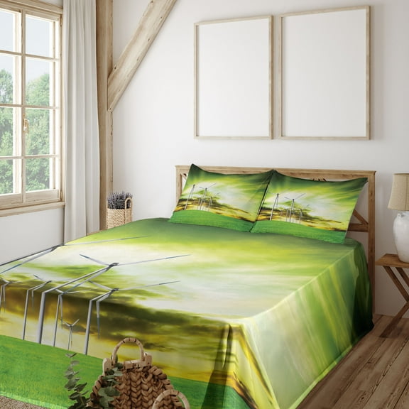 Windmill Sheet Set, Digitally Generated Photo of Wing Turbines on Grass with Greeen Tone Sky, Fitted and Flat Sheet with Pillowcases Bedding Accent 4 Piece Set, Queen, Lime Green White, by Ambesonne