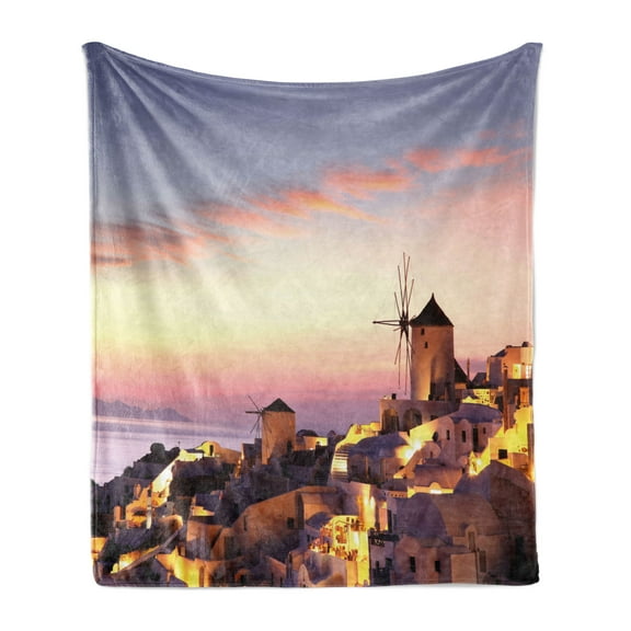 Windmill Soft Flannel Fleece Blanket, Famous Santorini Island in Greece Houses Evening View Architecture Village Image, Cozy Plush for Indoor and Outdoor Use, 50" x 70", Multicolor, by Ambesonne
