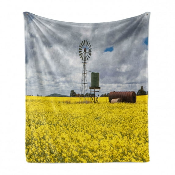 Windmill Soft Flannel Fleece Throw Blanket, Canola Meadow Stormy Day Victorian Goldfields Agricultural Farmland, Cozy Plush for Indoor and Outdoor Use, 60" x 80", Yellow Grey and White, by Ambesonne