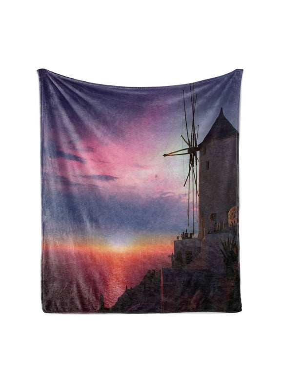 Windmill Soft Flannel Fleece Throw Blanket, Oia Village Santorini Island Greece Colorful Sky Idyllic Aegean, Cozy Plush for Indoor and Outdoor Use, 70" x 90", Multicolor, by Ambesonne