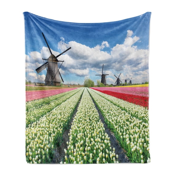 Windmill Soft Flannel Fleece Throw Blanket, Vibrant Blossoming Meadow Farmland Scenic Cloudy Sky the Netherlands Heritage, Cozy Plush for Indoor and Outdoor Use, 70" x 90", Multicolor, by Ambesonne