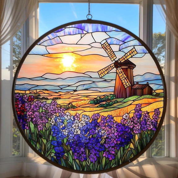 Windmill Sunset Larkspur Field Faux Stained Glass Suncatcher, Birth Flower Window Hanging, Rustic Cottage Landscape Decor, July Birth Gift