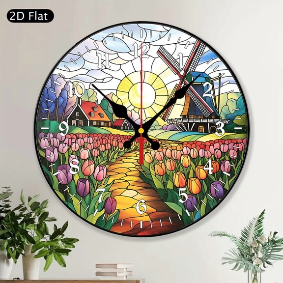 Windmill Sunset Tulip Flower Round Wall Clock, Colorful Tulip Field Stained Glass Style Art Wooden Decorative Clock, Home Decor Gift for Mom Grandma