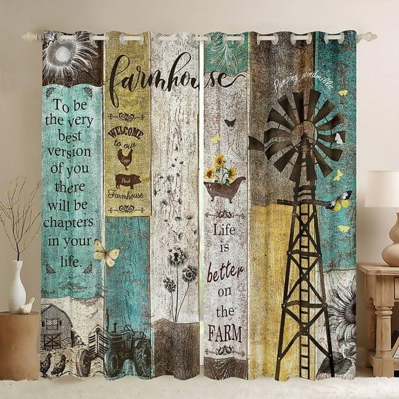 Windmill Themed Blackout Curtains 42"Wx84"L, Rustic Farmhouse Curtains Cabin Decor,Rooster Cow Farm Animal Curtains & Drapes Vintage Country Wooden Board Western Window Treatments Western Decor