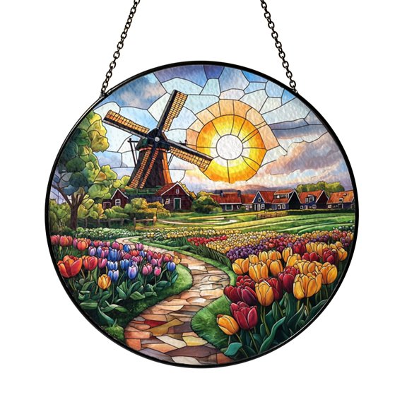 Windmill Tulip Field Stained Glass Suncatcher Window Hanging Peaceful Spring Landscape Decor