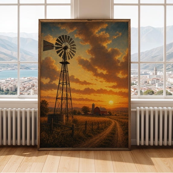 Windmill Recipe Create Windmill Wall Art Print, Burnt Orange Amber Painterly Retro Americana ...