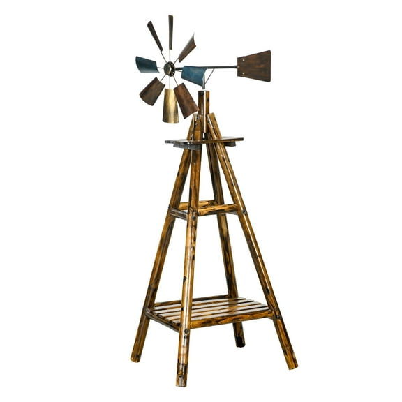 Windmill Weather Vane, Rustic Outdoor Decor with Shelf - Steel Windmill Head, Stained Fir Wood - Garden Yard Barn Deck Accent