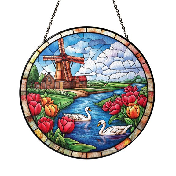 Windmill and Swan Stained Glass Suncatcher, Spring Window Art for Mom