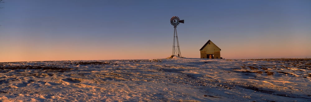 Windmill in a snow covered farmland Illinois USA Canvas Art - Panoramic Images (12 x 36)