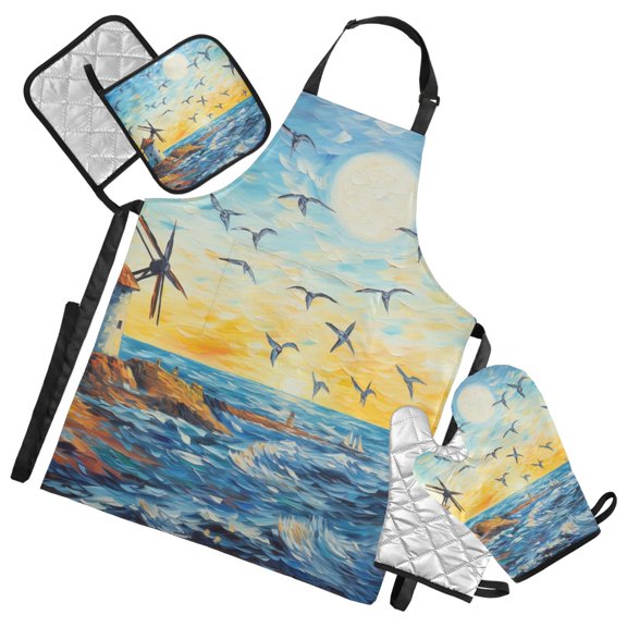Windmill on Seashore and Seagull 5 Pcs Kitchen Set Heat Resistant Oven Mitts and Non-Slip Pot Holders with Adjustable Cooking Apron