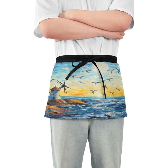 Windmill on Seashore and Seagull Server Apron with 3 Pockets Waterproof Waitress Waist Short Apron for Man Woman 12 Inches