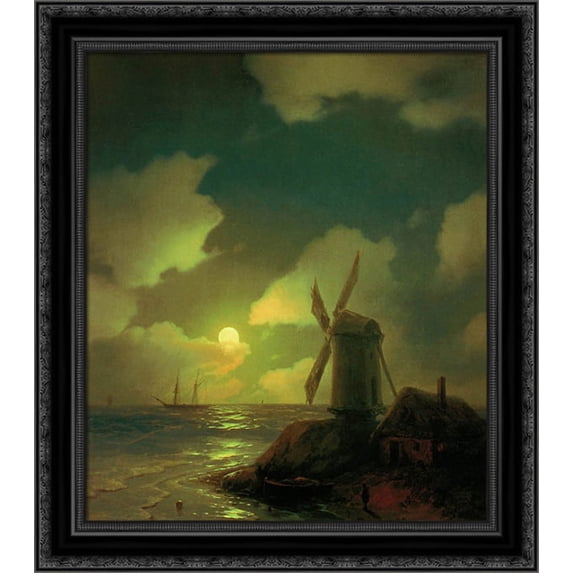 Windmill on the Sea Coast 20x20 Black Ornate Wood Framed Canvas Art by Aivazovsky, Ivan