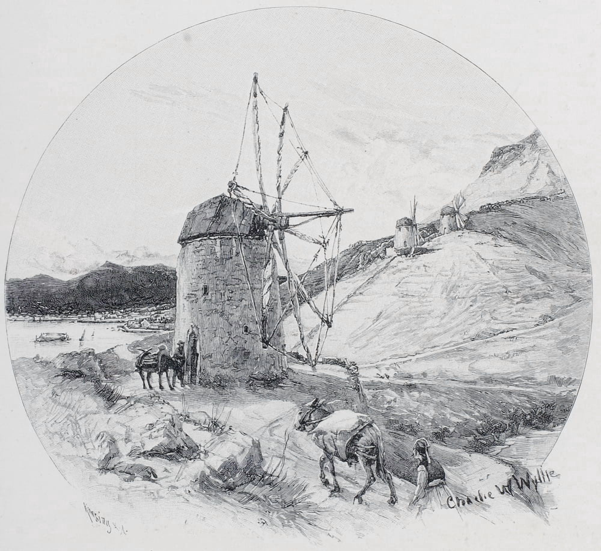 Windmills Ithaca Ionian Islands Greece By Charles William Wyllie (1859-1923) From The Picturesque Mediterranean Circa 1890 Canvas Art - Ken Welsh Design Pics (15 x 13)