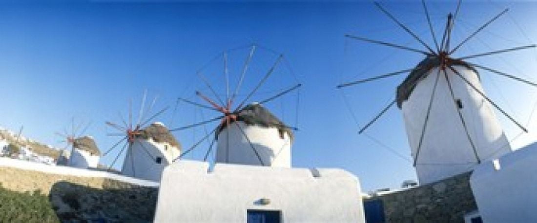 Windmills Santorini Island Greece Canvas Art - Panoramic Images (15 x 6)