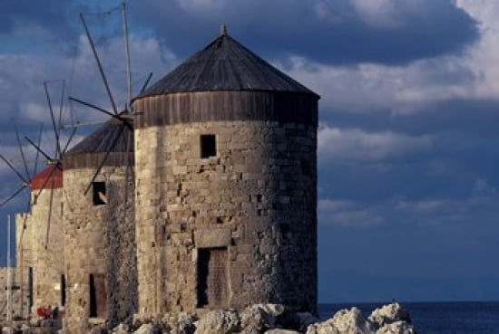 Windmills along Mandraki Harbor Rhodes Greece Canvas Art - Greg Gawlowski DanitaDelimont (35 x 24)