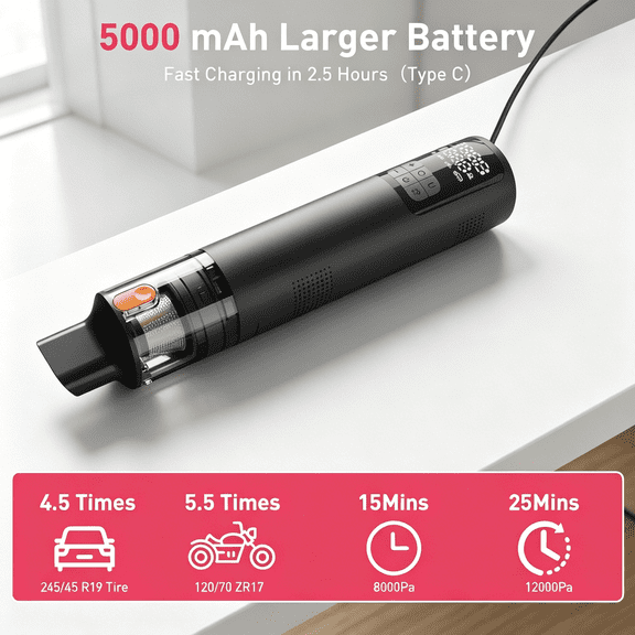 Windone Car Vacuum, 12000Pa 2-in-1 Cleaner & Tire Inflator 150PSI, 60W Brushless Motor, Cordless Handheld Vacuum & Air Pump with Pressure Gauge, LED Light, Multi-Nozzles for Car, Home, Office