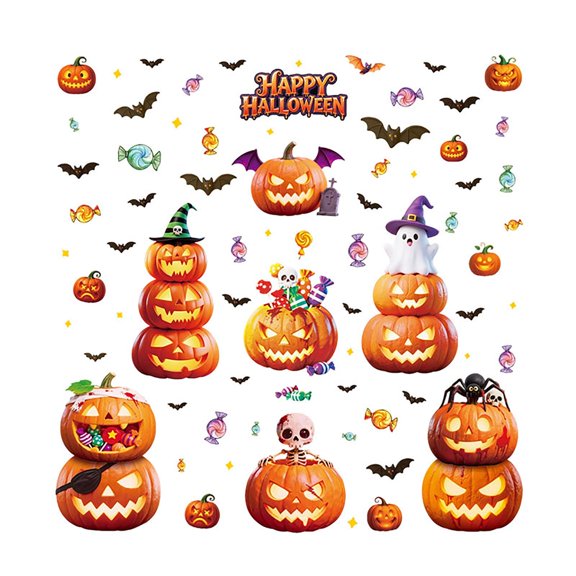 Window 6 Piece Spooky Pumpkin Bat Skeleton Candy Themed Decals for Halloween Window Glass Halloween Home Party Decor