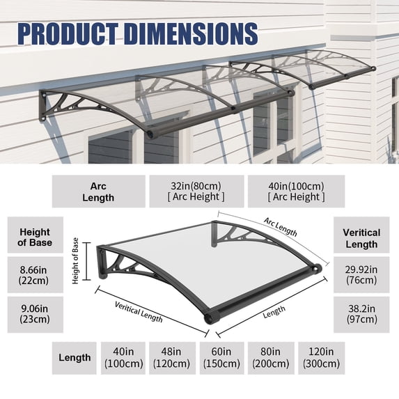 32×40 Inch Exterior Window and Front Door Awning, Equipped with Drainage Sink, Durable ABS Bracket and Solid Polycarbonate Endurance Panel, All Weather Protection for Window Front Door Patio