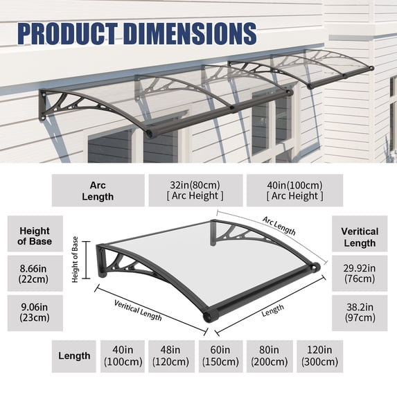 Window Awning with Drainage Sink, ABS Bracket & Solid Polycarbonate Endurance Panel, All-Weather Protection for Front Door, Window, Patio (32*40)