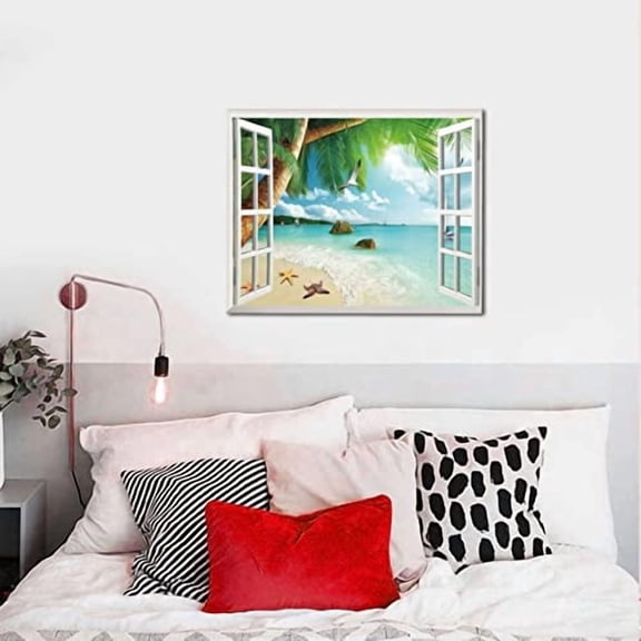 Window Beach Wall Art Seaside Starfish Seagull Pictures Wall Decor Sailing boat Canvas Painting Print Artwork Modern Home Decor Framed for Living room Bedroom Bathroom 16"X20"