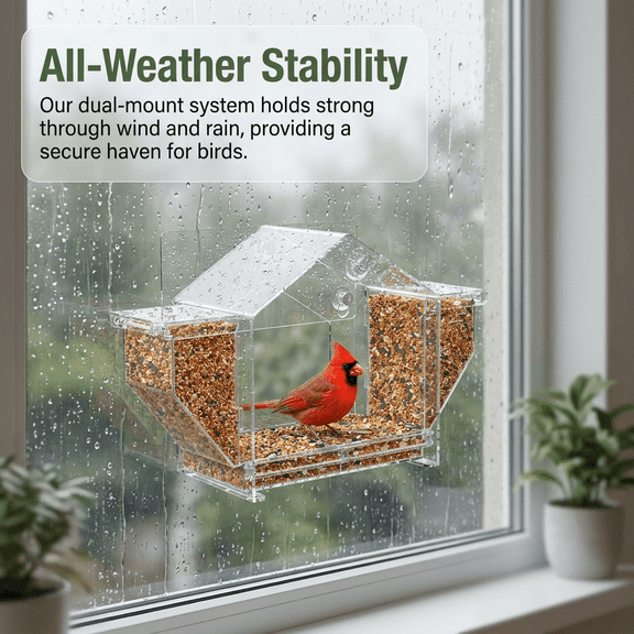 Window Bird Feeder, 2026 Latest Clear Birdfeeder for Window Larger Viewing, 6.8" Squirrel-Proof Bird Watching w/Strong Suction Cup and Self-Adhesive, Large Food Storage Design,for Outdoors