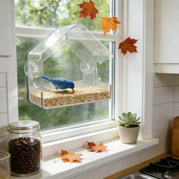 Window Bird Feeder Clear Acrylic Cage | Suction Cup Window Mount, Drain Holes, Weatherproof, Easy Install | 6.3"x6.3"x3.1" For Outdoors, Balcony, Home Bird Watching