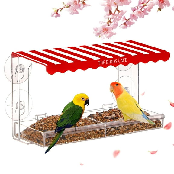 Window Bird Feeder for Outdoor, Clear Bird Feeder for Window Viewing, Squirrel Proof Bird Feeder for Cats, Acrylic Window Bird Feeders with Strong Suction Cups, Drain Hole, Tray(Red)