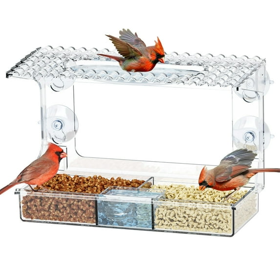 Window Bird Feeder for Outdoors with Strong Suction Cups, Acrylic Clear Window Bird Feeders for Viewing with Large Capacity Detachable & Water Tray