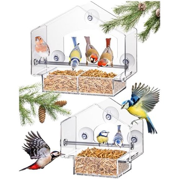 Window Bird Feeder - Set of 2, Clear Plastic - Squirrel-Proof Design with Strong Suction Cups - Wild Bird Feeders for Outdoors & Backyard Birding & Wildlife Viewing