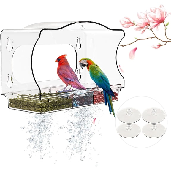 Window Bird Feeder Viewing Box - 10x6 Inches Clear for with 4 Strong Suction Cups, 3 Compartment Trays, Birdfeeders Outside Hanging Cardinal, Robin, Blue Jay