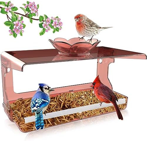 Window Bird Feeder with Non-Marking Self-Adhesive Hooks, Clear and Transparent, Outdoor Wild Bird Watching Gift, Garden Decor (Red)