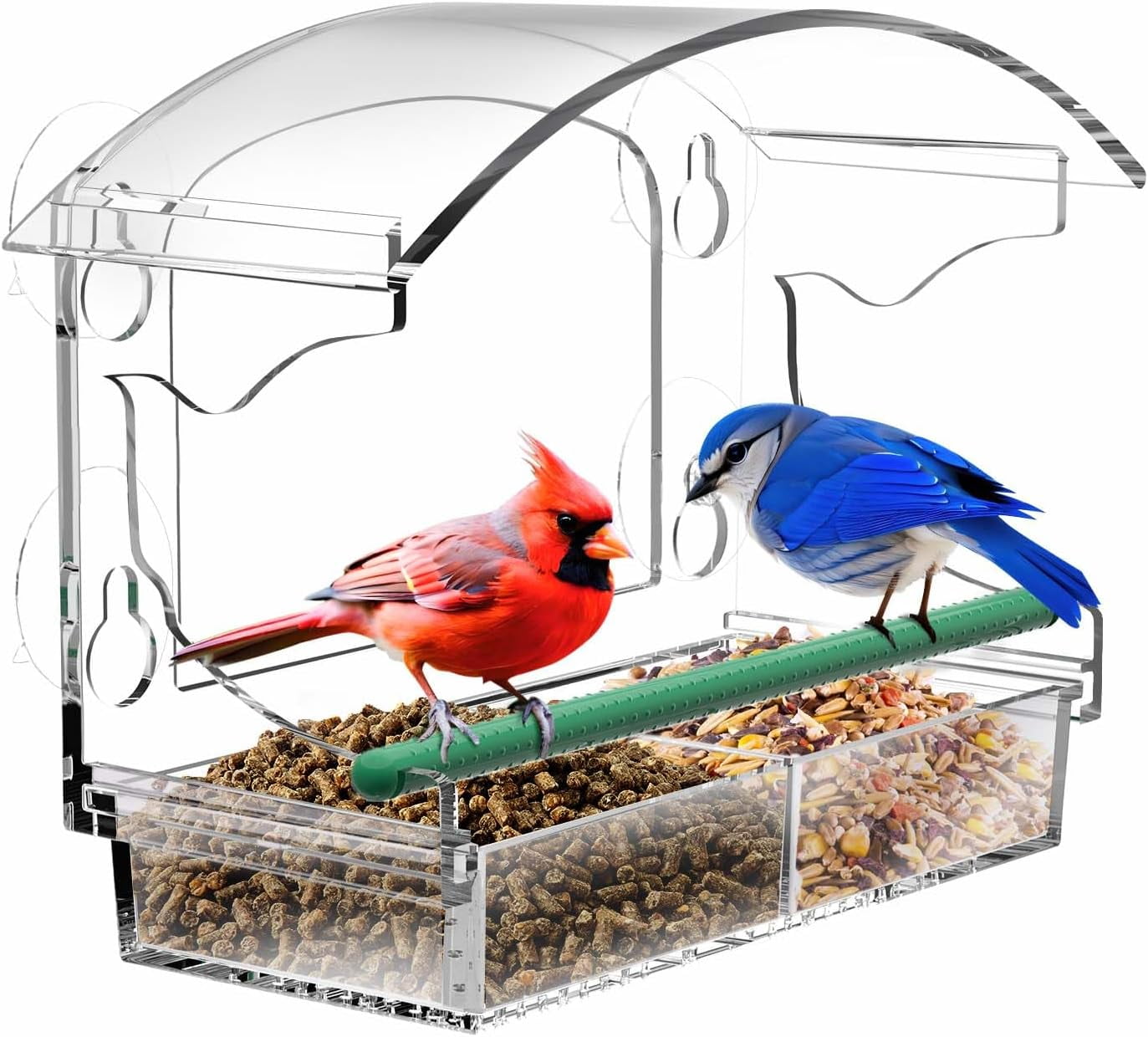 Window Bird Feeder with Strong Suction Cups - Clear Acrylic Removable Seed Tray with Drain Holes - Up-Close Outdoor Bird Watching - Keeps Nuts & Seeds Fresh and