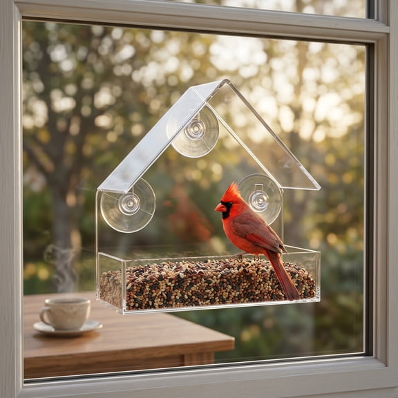 Window Bird Feeder with Sliding Seed Holder, Strong Suction Cups for Outside, Birdhouse Shape, by Nature Anywhere