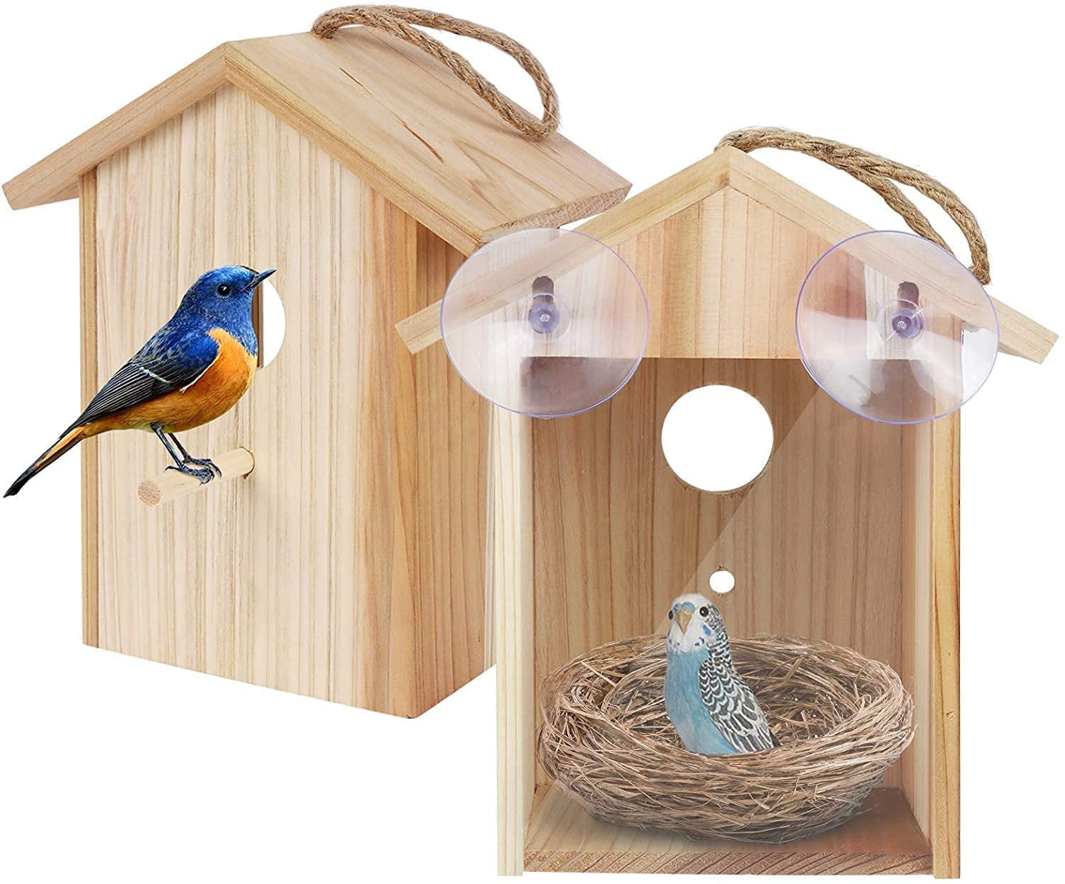 Color Profit Kids Transparent Suction Cup Wooden Wild Bird House with Nesting Materials