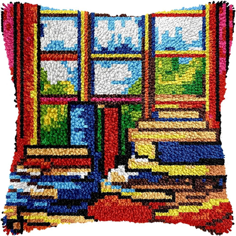 Window Books Latch Hook Pillow Kits for DIY Throw Pillow Cushion Embroidery Latch Hooking Pillowcase Kits with Preprinted Canvas Crochet Yarn Kits for Home Decor 17''X 17''(C210)