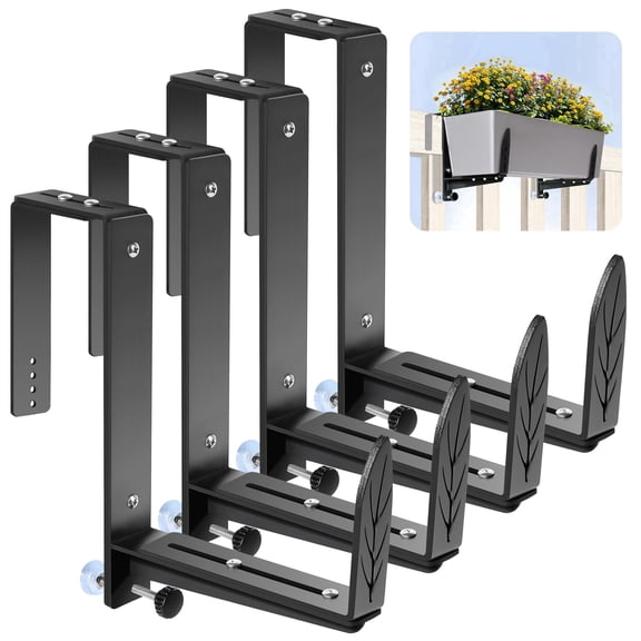 Window Box Brackets, Adjustable Planter Box Brackets, Heavy Duty Iron Flower Box Bracket for Deck Railing with Upgraded Bottom Support - Ideal for Balconies, Fences, and Gardens 4 Pack
