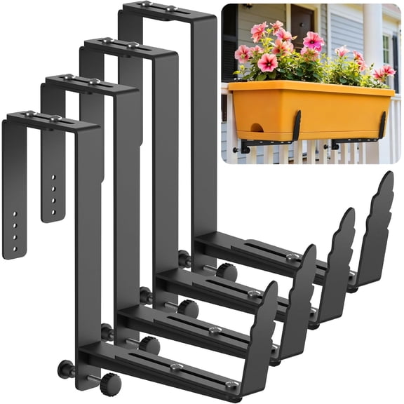 Window Box Brackets, Adjustable Planter Box Brackets, Heavy Duty Iron Flower Box Bracket for Deck Railing with Upgraded Bottom Support - Ideal for Balconies, Fences, and Gardens (4 Pack)
