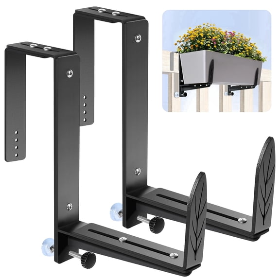 Window Box Brackets, Adjustable Planter Box Brackets, Heavy Duty Iron Flower Box Bracket for Deck Railing with Upgraded Bottom Support - Ideal for Balconies, Fences, and Gardens 2 Pack