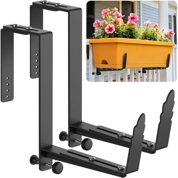 Window Box Brackets, Adjustable Planter Box Brackets, Heavy Duty Iron Flower Box Bracket for Deck Railing with Upgraded Bottom Support - Ideal for Balconies, Fences, and Gardens (2)