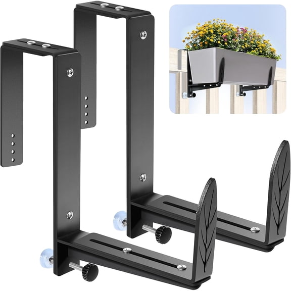 Window Box Brackets, Adjustable Planter Box Brackets, Heavy Duty Iron Flower Box Bracket for Deck Railing with Upgraded Bottom Support - Ideal for Balconies, Fences, and Gardens (2)