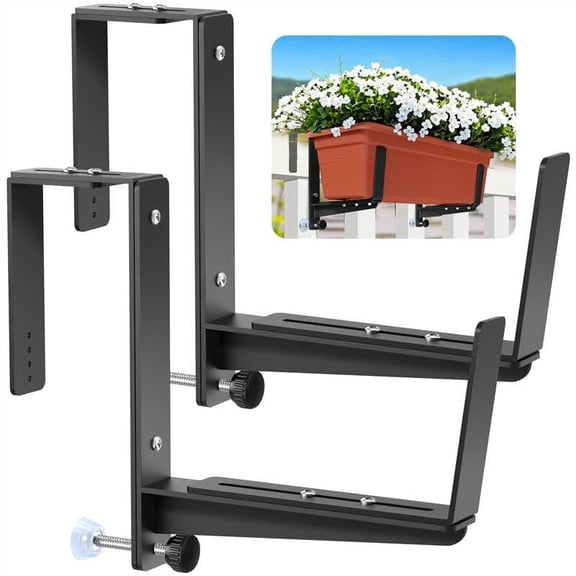 Window Box Brackets, Adjustable Planter Box Brackets, Heavy Duty Iron Flower Box Brackets for Railings, with Enhanced Bottom Support - Perfect for Balconies, Fences, and Gardens (Black, 2 Pack)