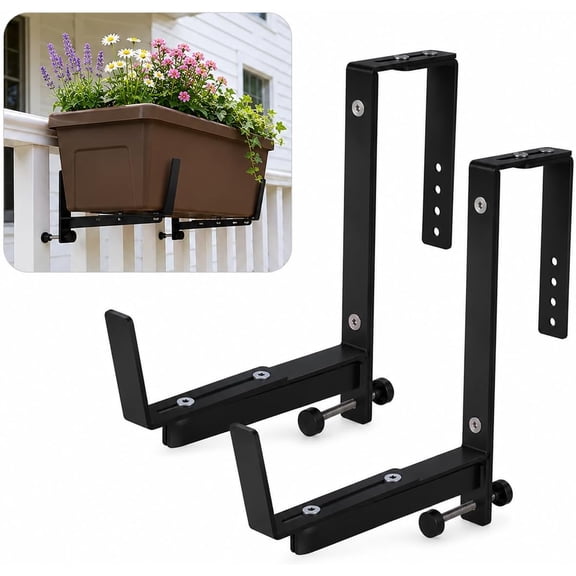 Window Box Brackets for Railing- 2 Pcs Adjustable Planter - Sturdy, Stable Flower Box Brackets for Railings, Balconies and Fences- Upright Railing Plant Holder (Black 2 Pack)