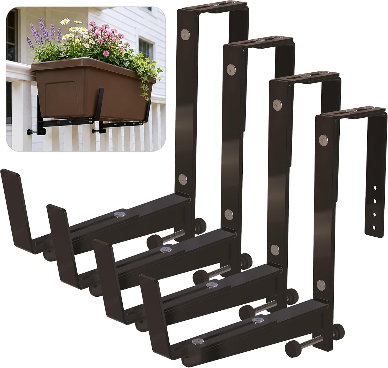 Window Box Brackets for Railing- 4 Pcs Adjustable Planter - Sturdy, Stable Flower Box Brackets for Railings, Balconies and Fences- Upright Railing Plant Holder (Black 4 Pack)