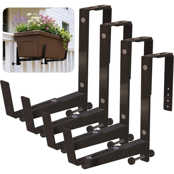 Window Box Brackets for Railing- 4 Pcs Adjustable Planter - Sturdy, Stable Flower Box Brackets for Railings, Balconies and Fences- Upright Railing Plant Holder (Black 4 Pack)